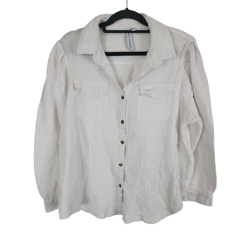 Grace & Karma Button Front 2x Womens Plus Size White Long Sleeve Collared Pocket